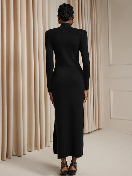 Black Turtleneck Belted Midi Dress with Long Sleeves