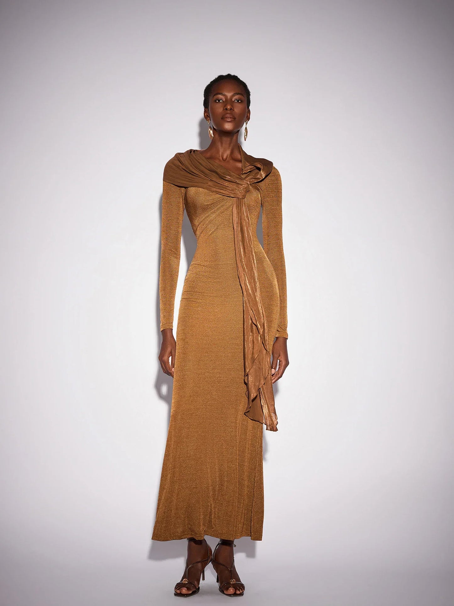 Fitted Shawl Draped Pleated Maxi Dress