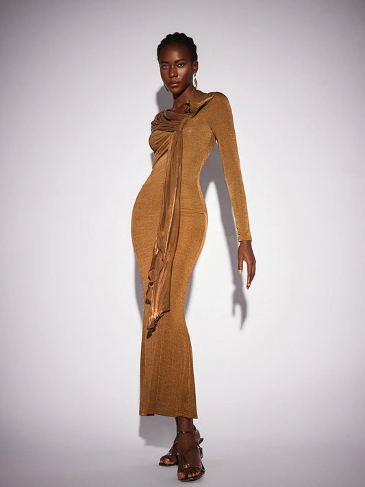 Fitted Shawl Draped Pleated Maxi Dress