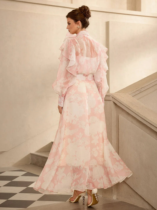 Floral Print Mesh Tie Neck Midi Dress