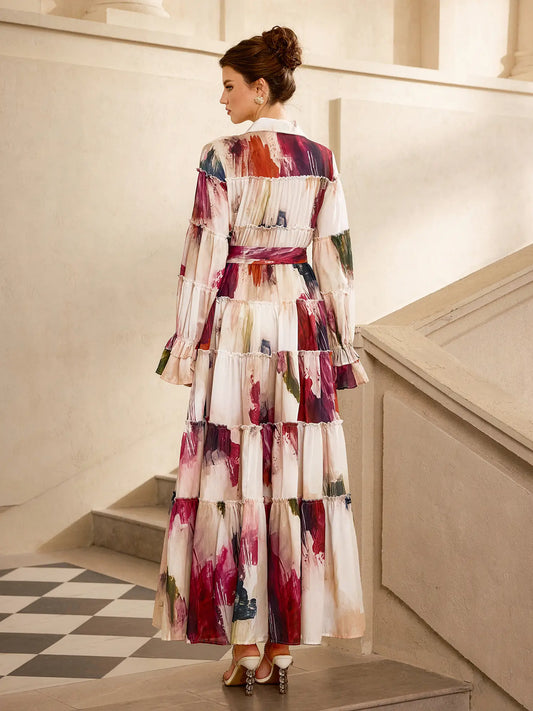 Floral Print Pleated Ruffle Sleeve Maxi Dress