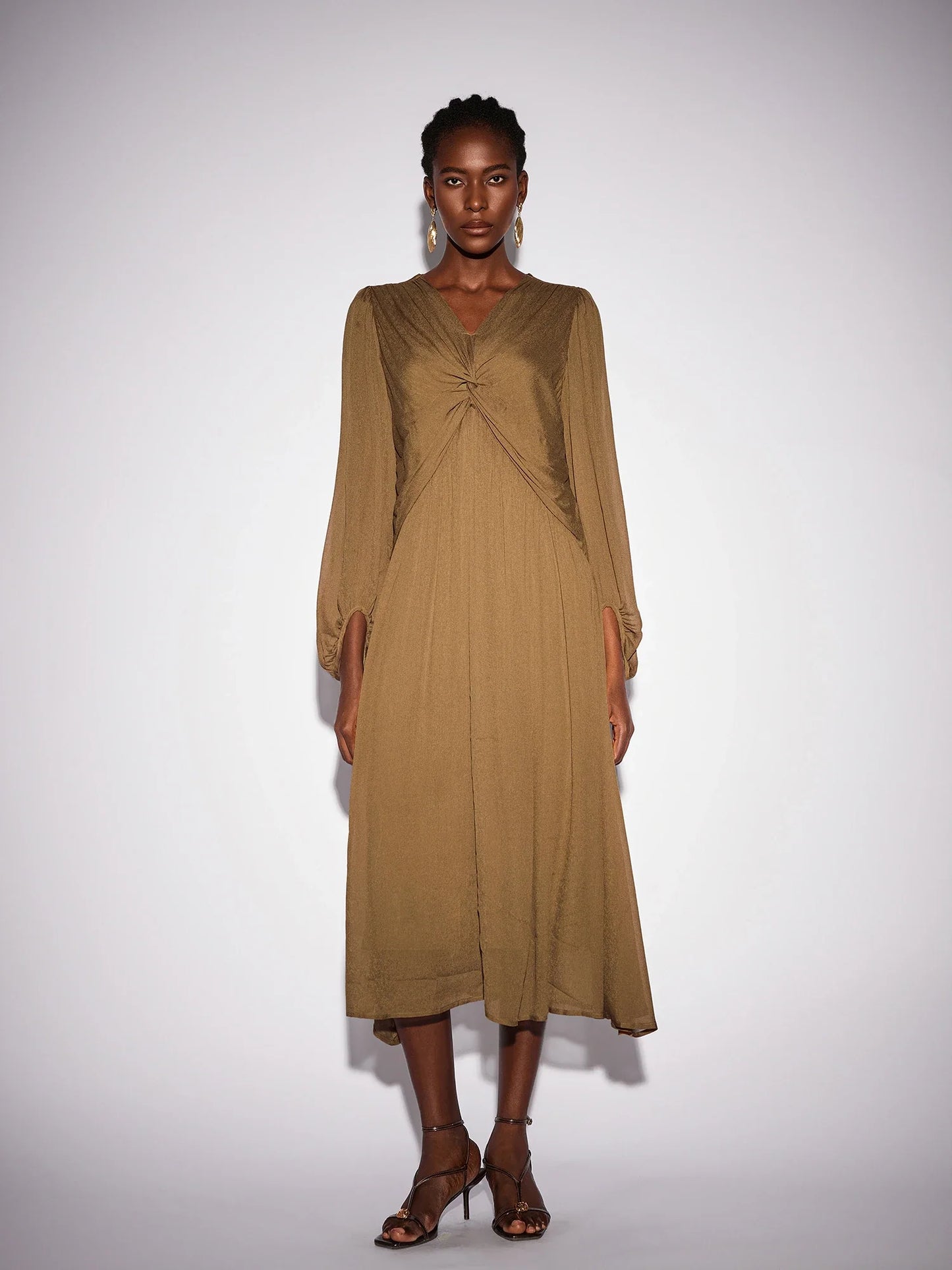 Front Tie Neck Brown Pleated Midi Dress