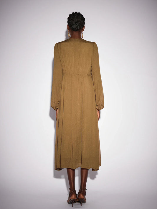 Front Tie Neck Brown Pleated Midi Dress