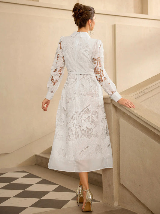 Hollow Lace Long Sleeve Midi Dress