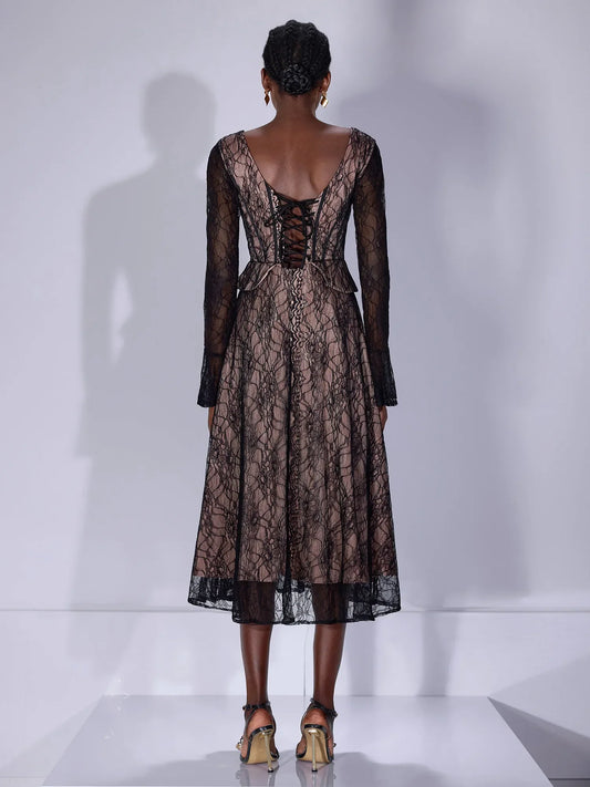 Lace Low Cut Ruffle Midi Dress