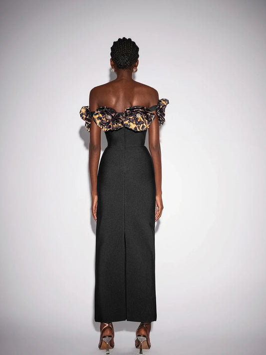 Leopard Floral Rhinestone Bodycon Maxi Dress