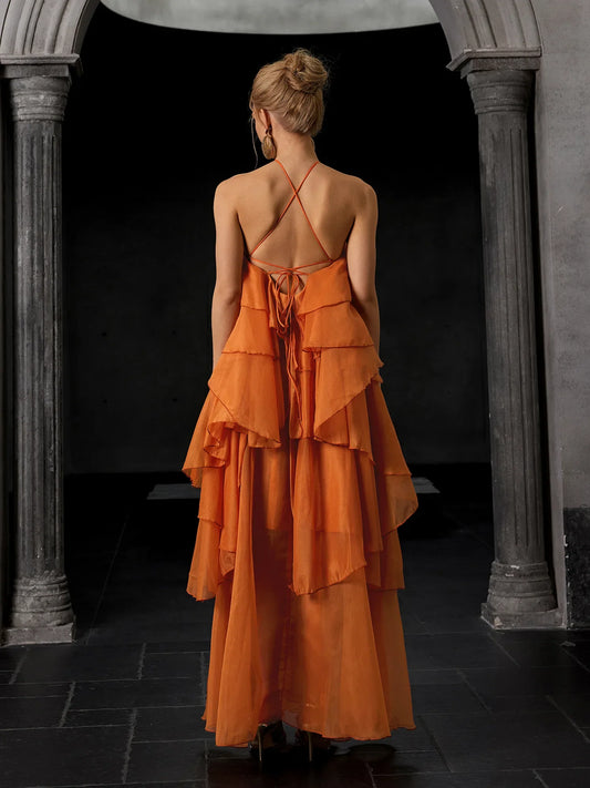 Luxury Open-Back Ruffle Maxi Dress