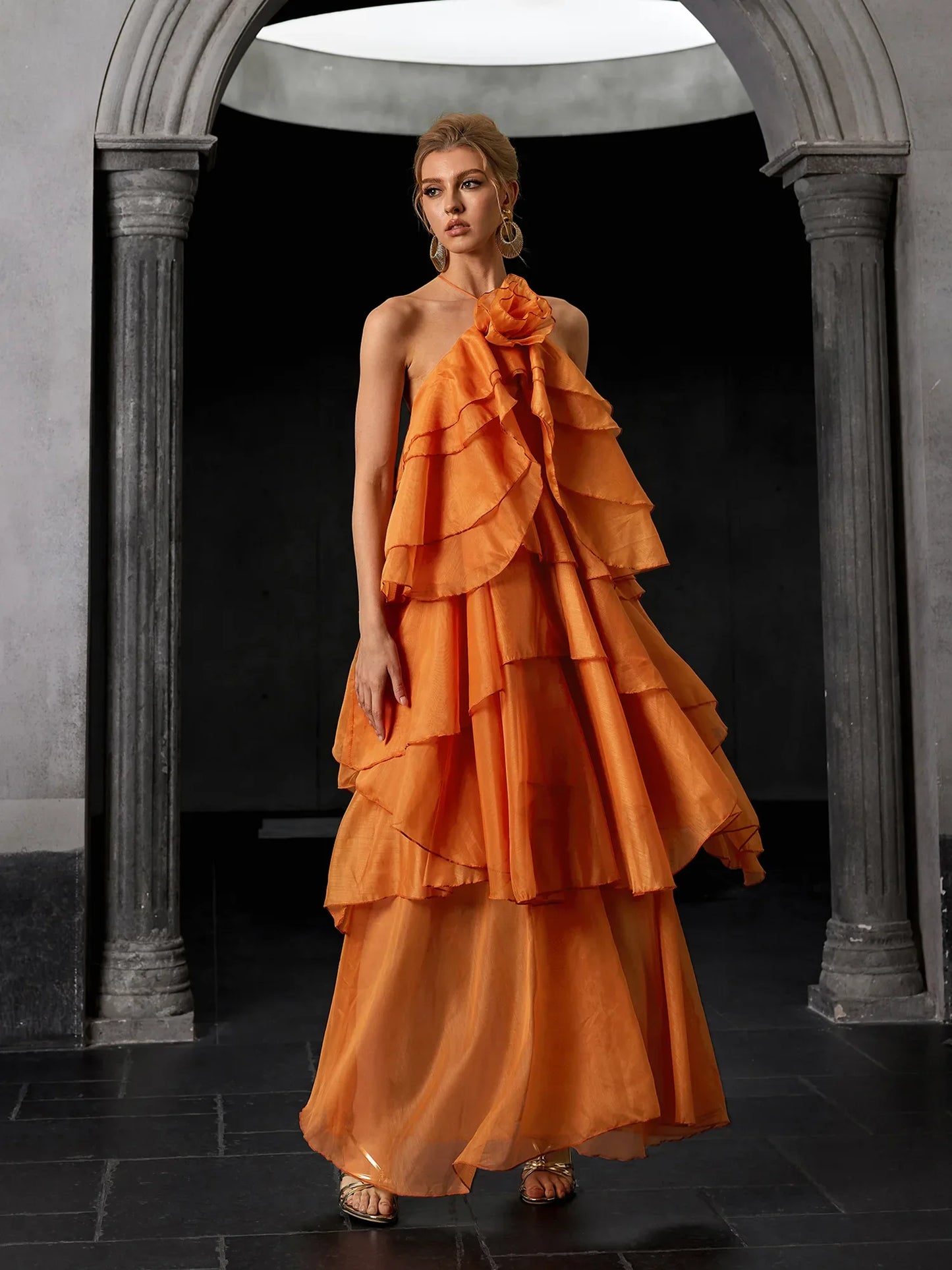 Luxury Open-Back Ruffle Maxi Dress