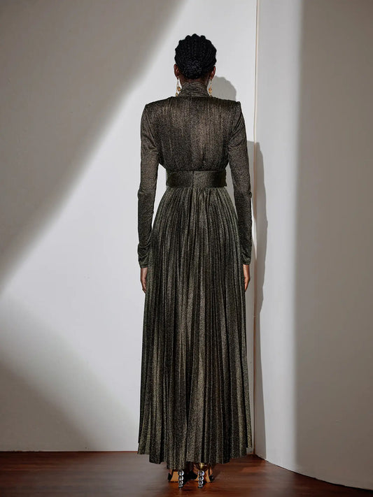 Metallic Pleated High-Neck Maxi Dress