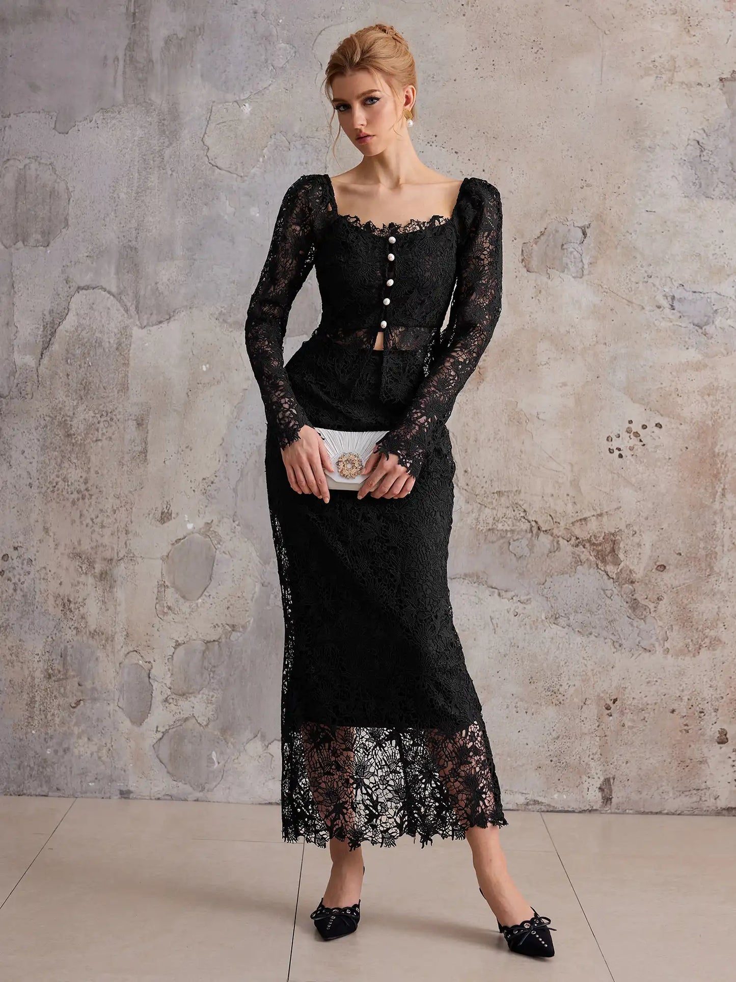 Mystery Noir Lace Shirt & Empire Waist Skirt