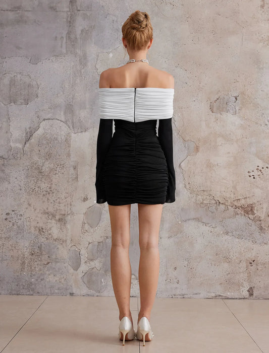 Off-Shoulder Colorblock Mini Ruffle Dress