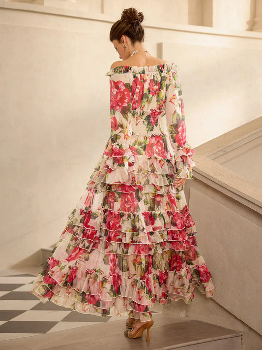 Off Shoulder Rose Print Elegant Midi Dress