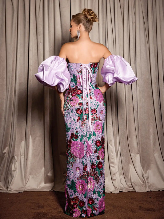 Puff Sleeve Floral Evening Maxi Dress