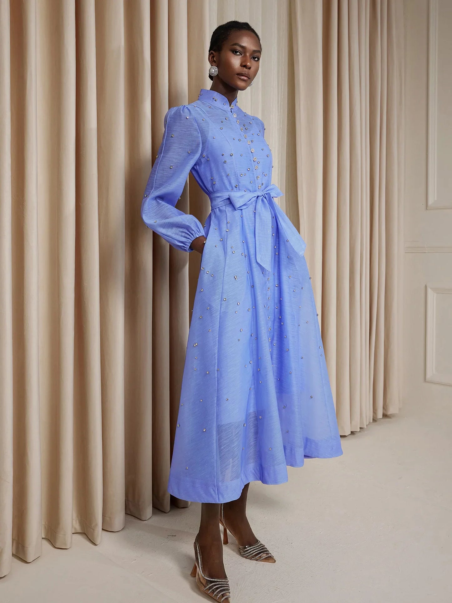 Blue Rhinestone Sheer Tie Midi Dress