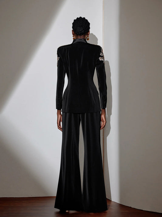 Elegant Black V-Neck Pantsuit with Rhinestone Blazer