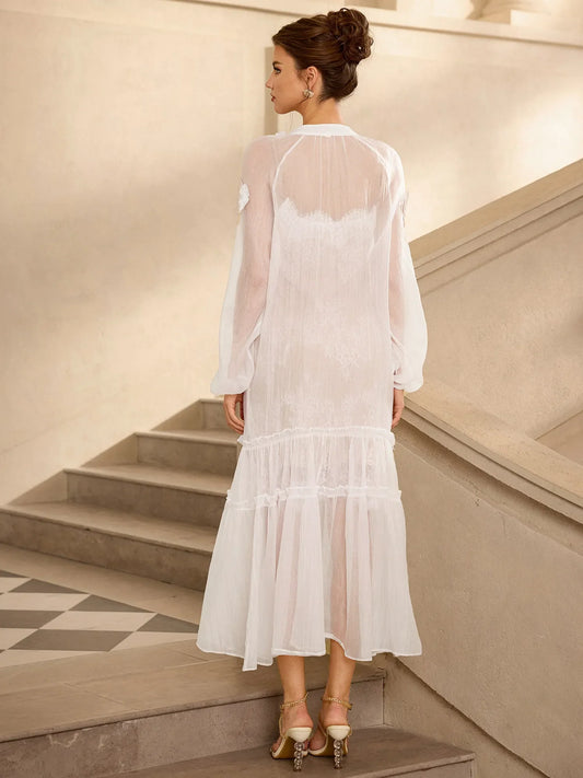 Romantic White Mesh Flower Maxi Dress
