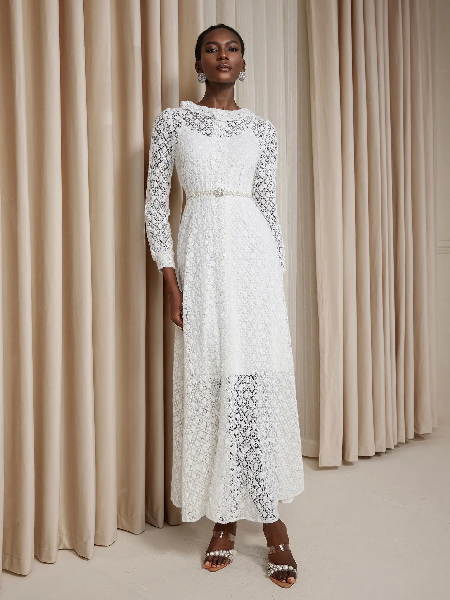 Round Neck Sheer Maxi Dress with Tie