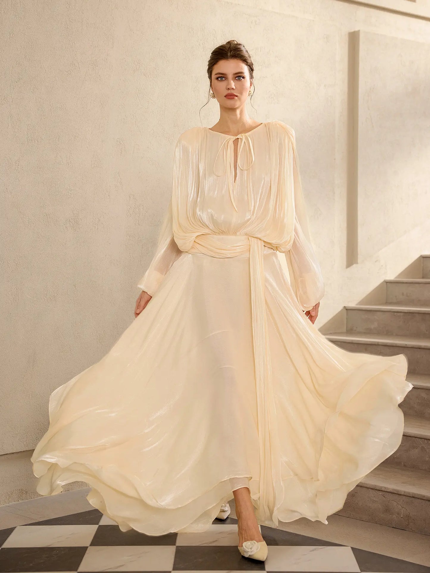 Champagne satin vacation maxi dress