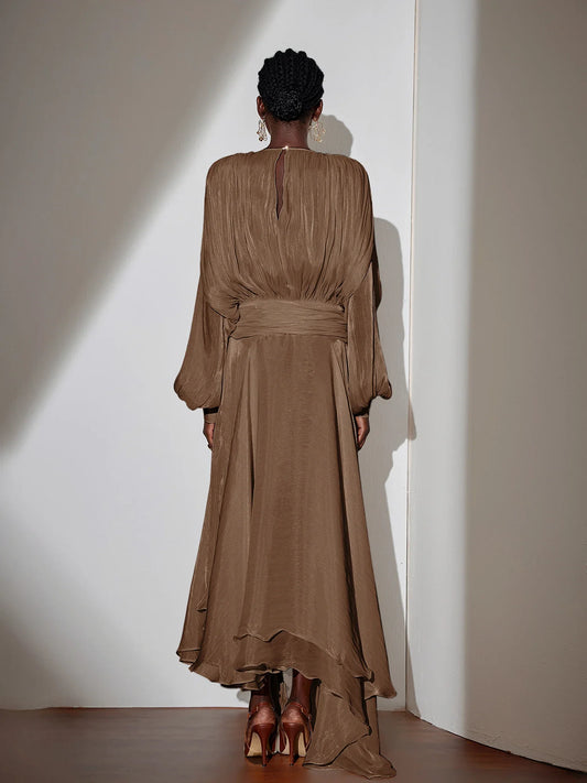 Brown Satin Tie-Strap Maxi Dress
