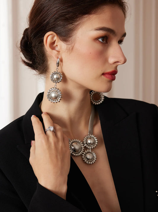 Silver Large Flower Beaded Necklace Earring Set
