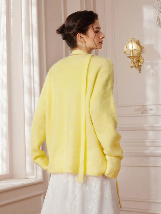 Soft Yellow V-Neck Sweater with Flower Choker