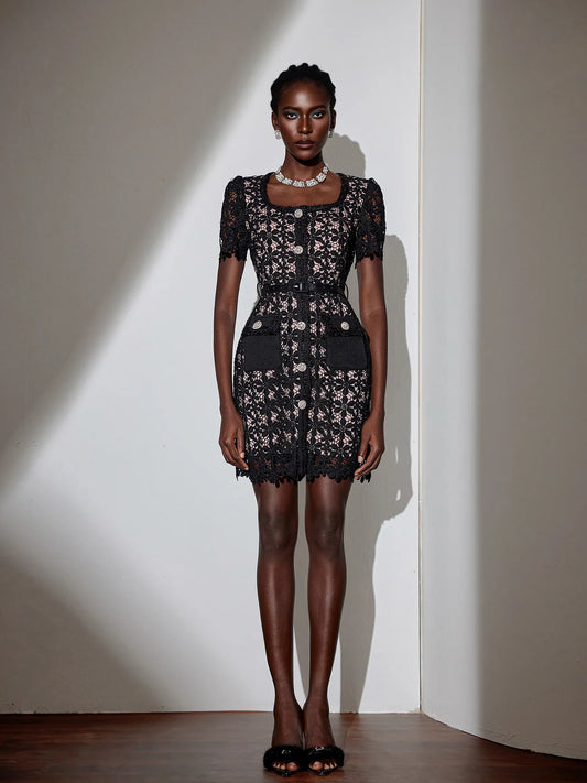 Elegant Square Neck Patterned Mesh Mini Dress