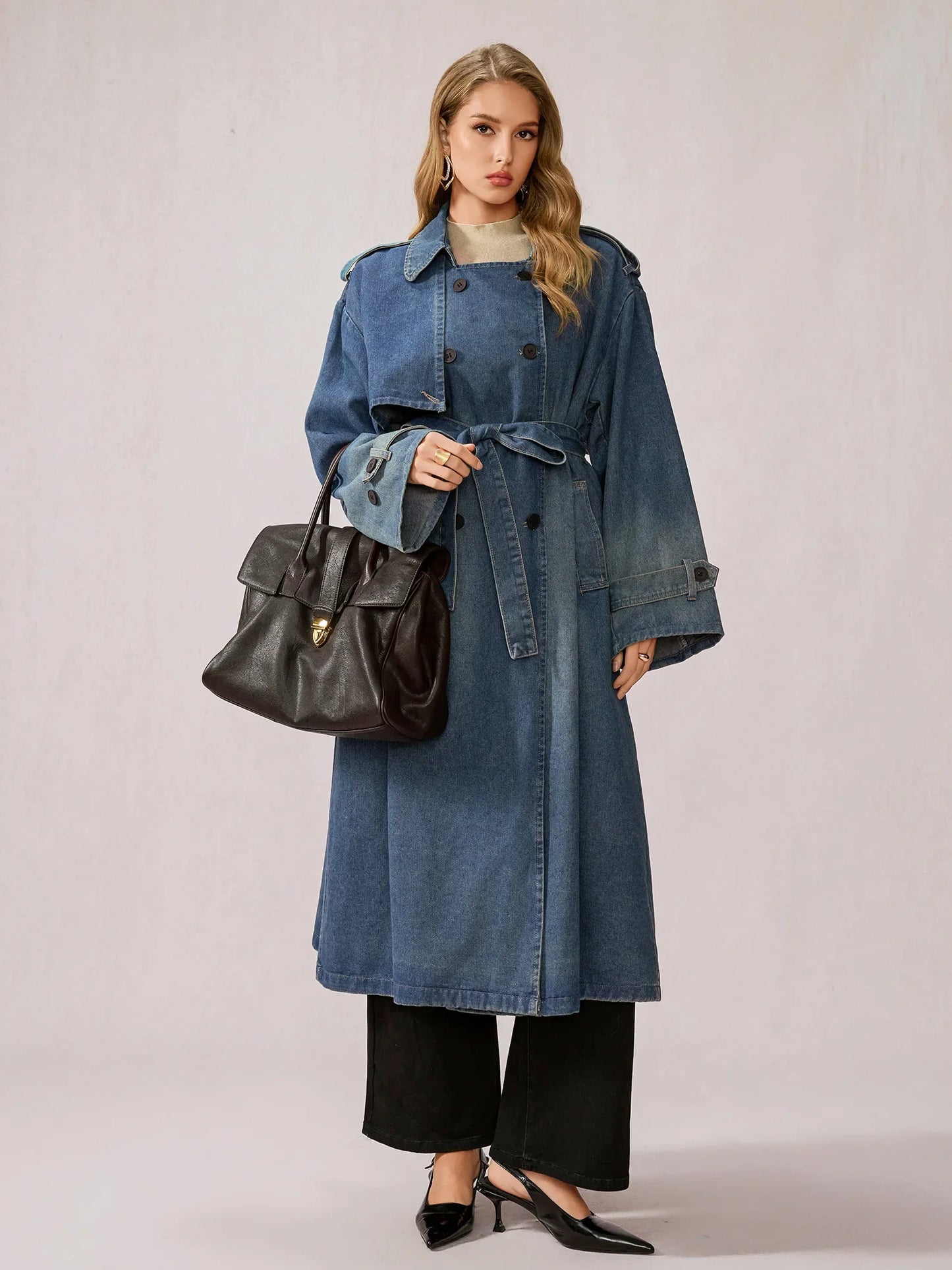 Stylish Denim Patchwork Office Midi Dress