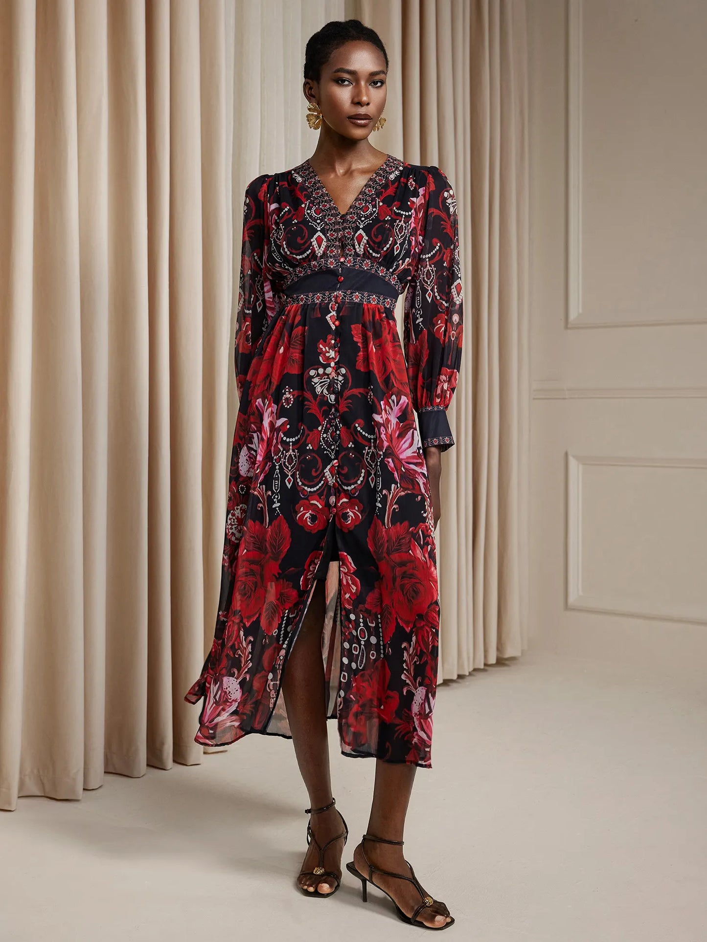 V-Neck Printed Vintage Midi Dress