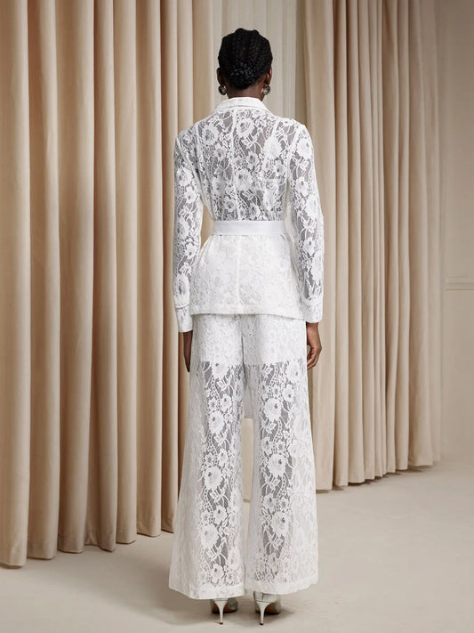 White Floral Sheer Lace-Up Two-Piece Set