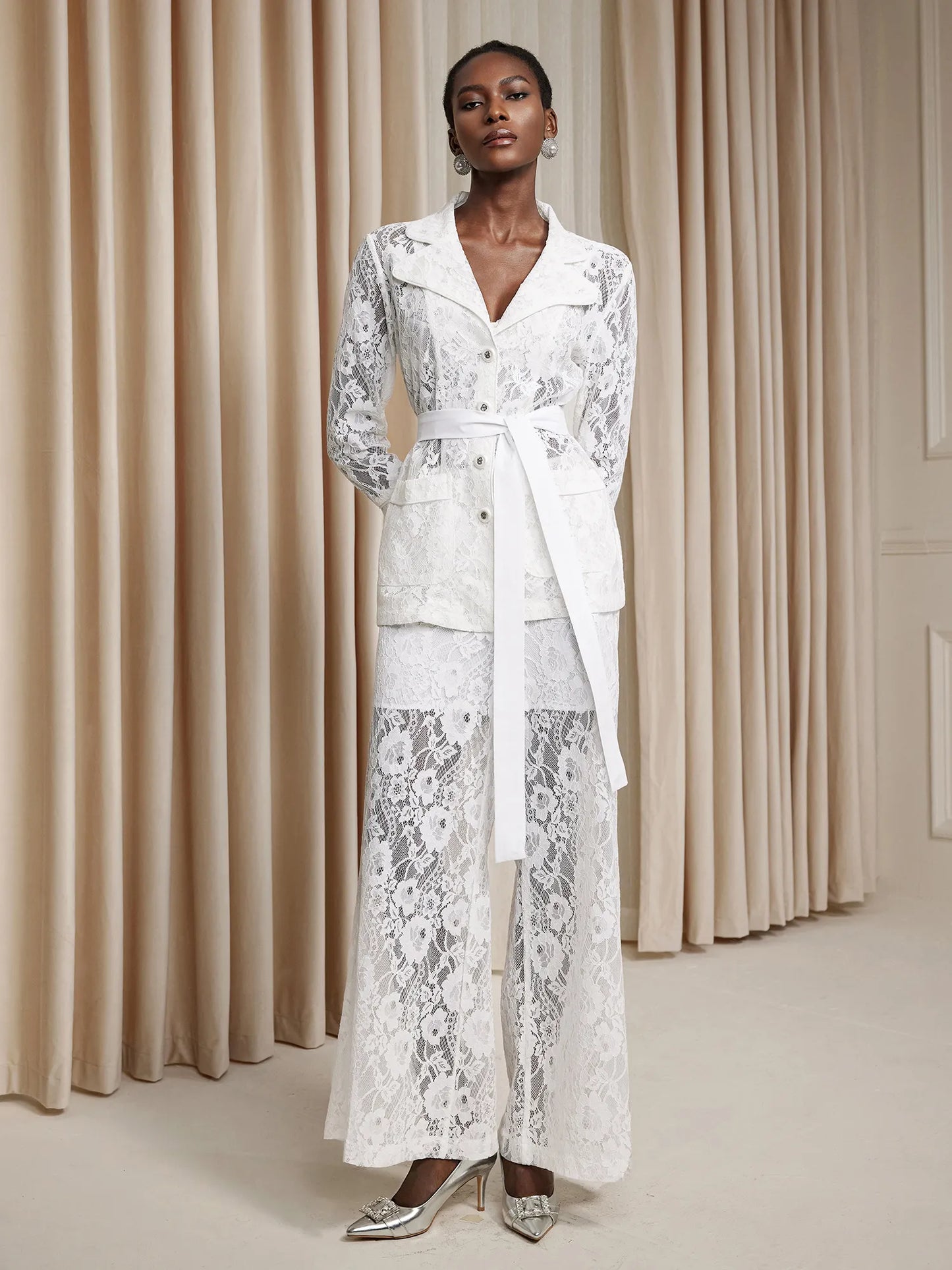 White Floral Sheer Lace-Up Two-Piece Set