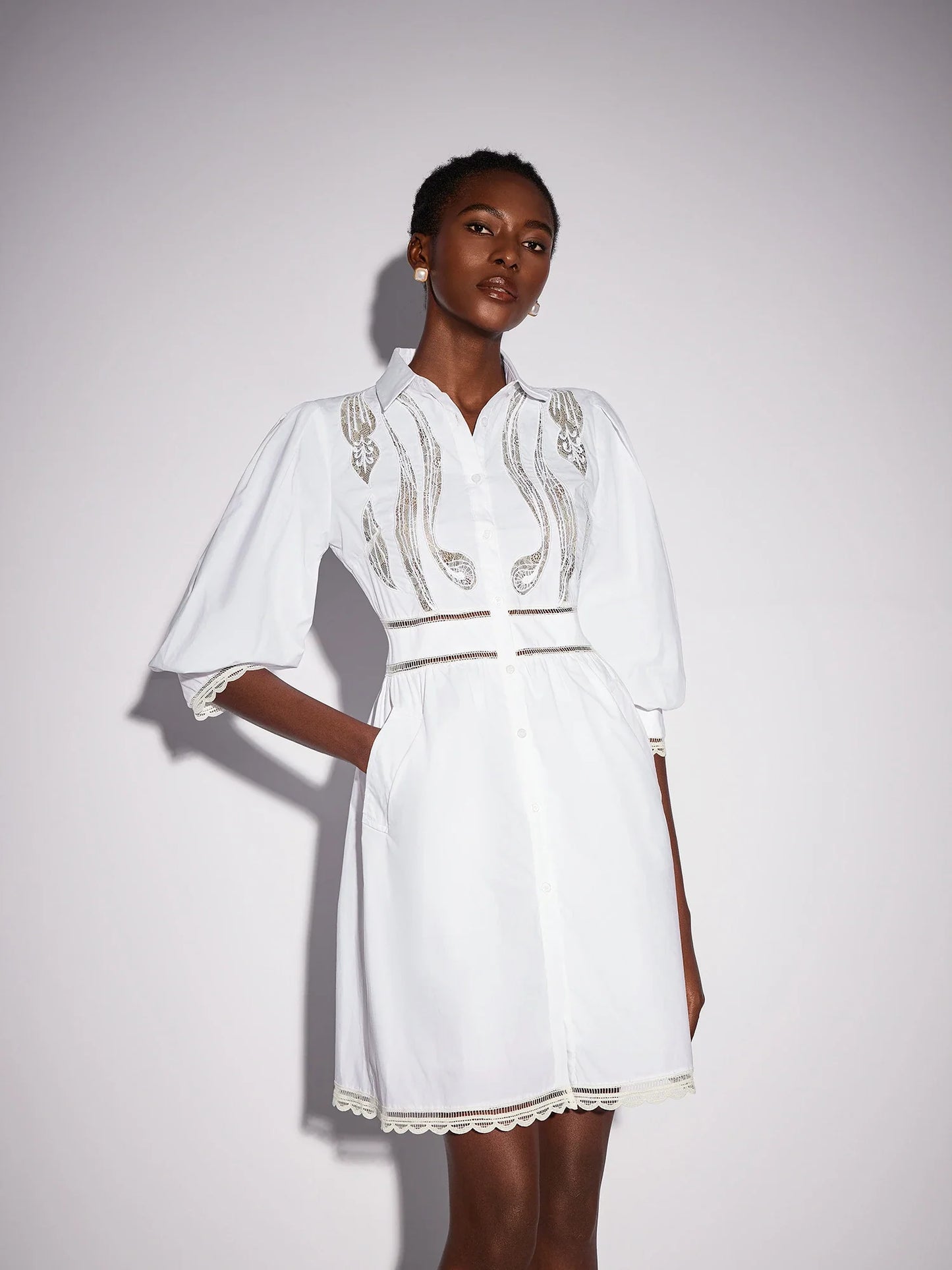 White High Neck Hollow-Out Patterned Mini Dress