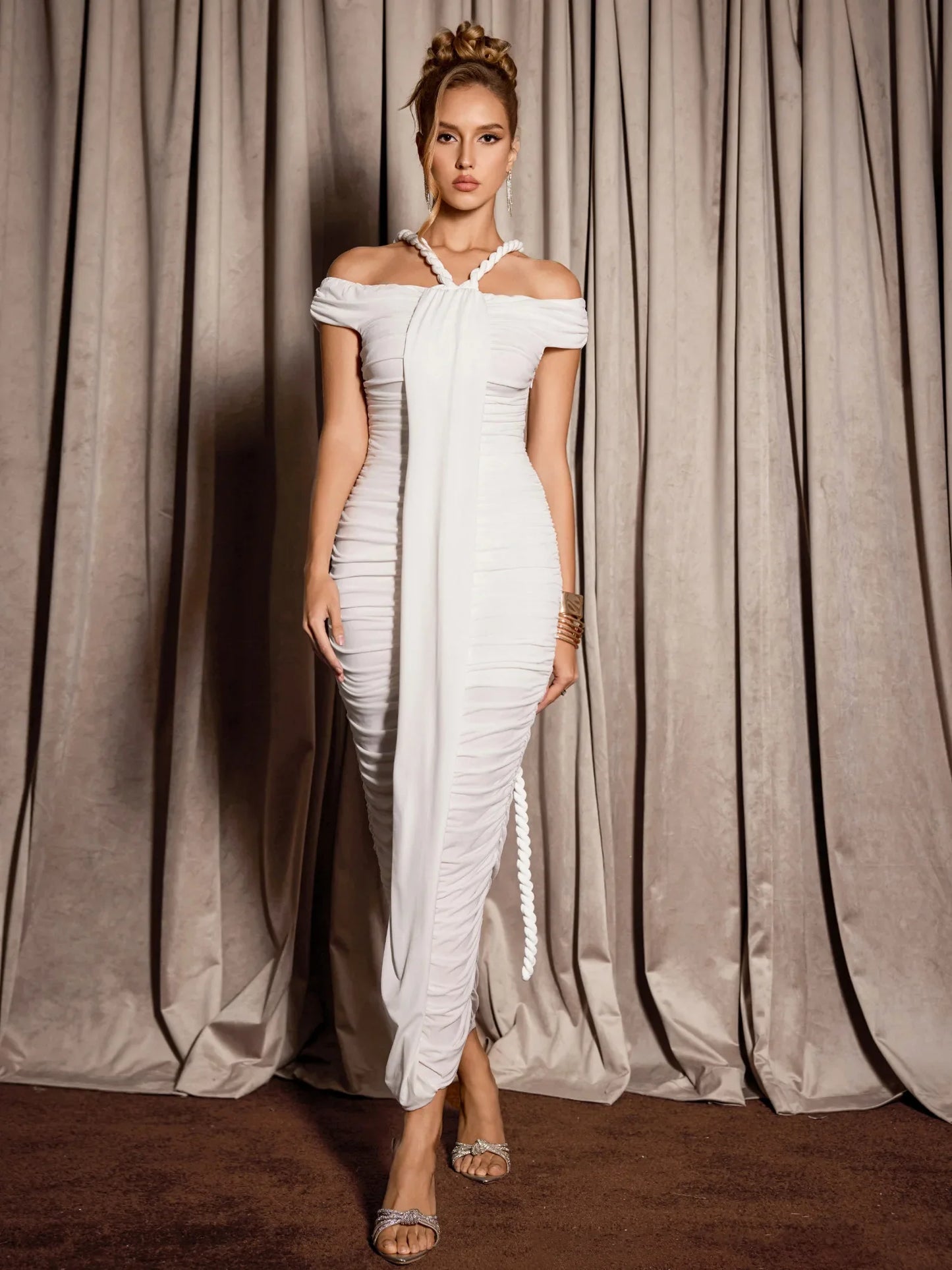 White Ruched Strap Design Midi Dress