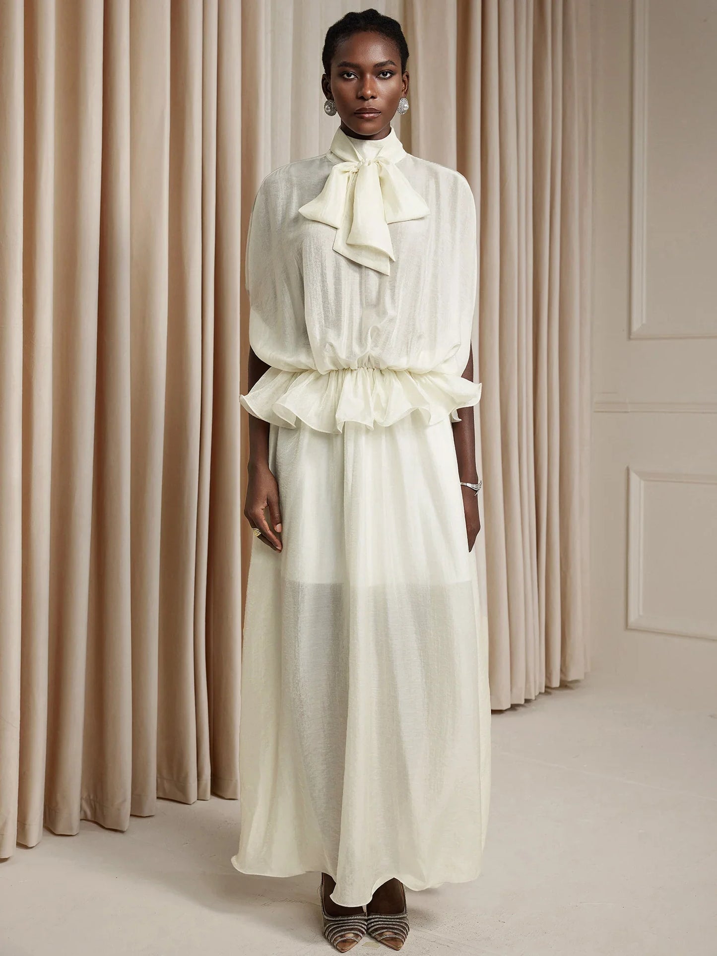 White Ruched Tie-Front Maxi Dress