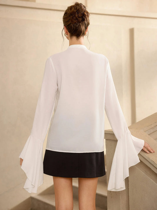 White Ruffle Front Flared Sleeve Blouse Tops