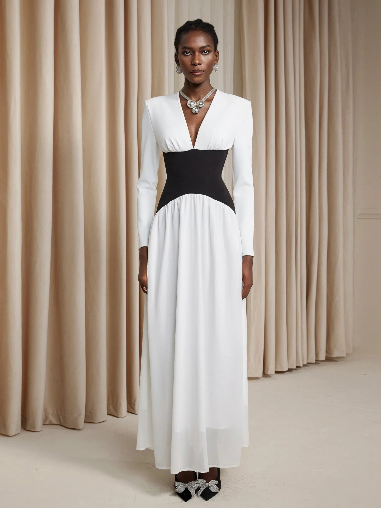 White V-Neck High-Waist Maxi Dress