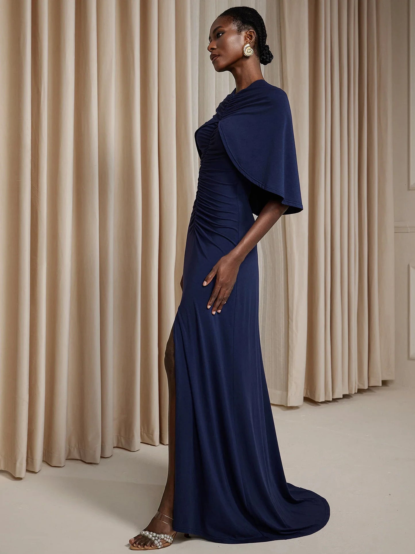 Wrap-around pleated fitted Maxi dress