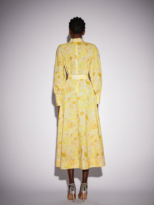 Yellow Floral Print Tie Waist Midi Dress