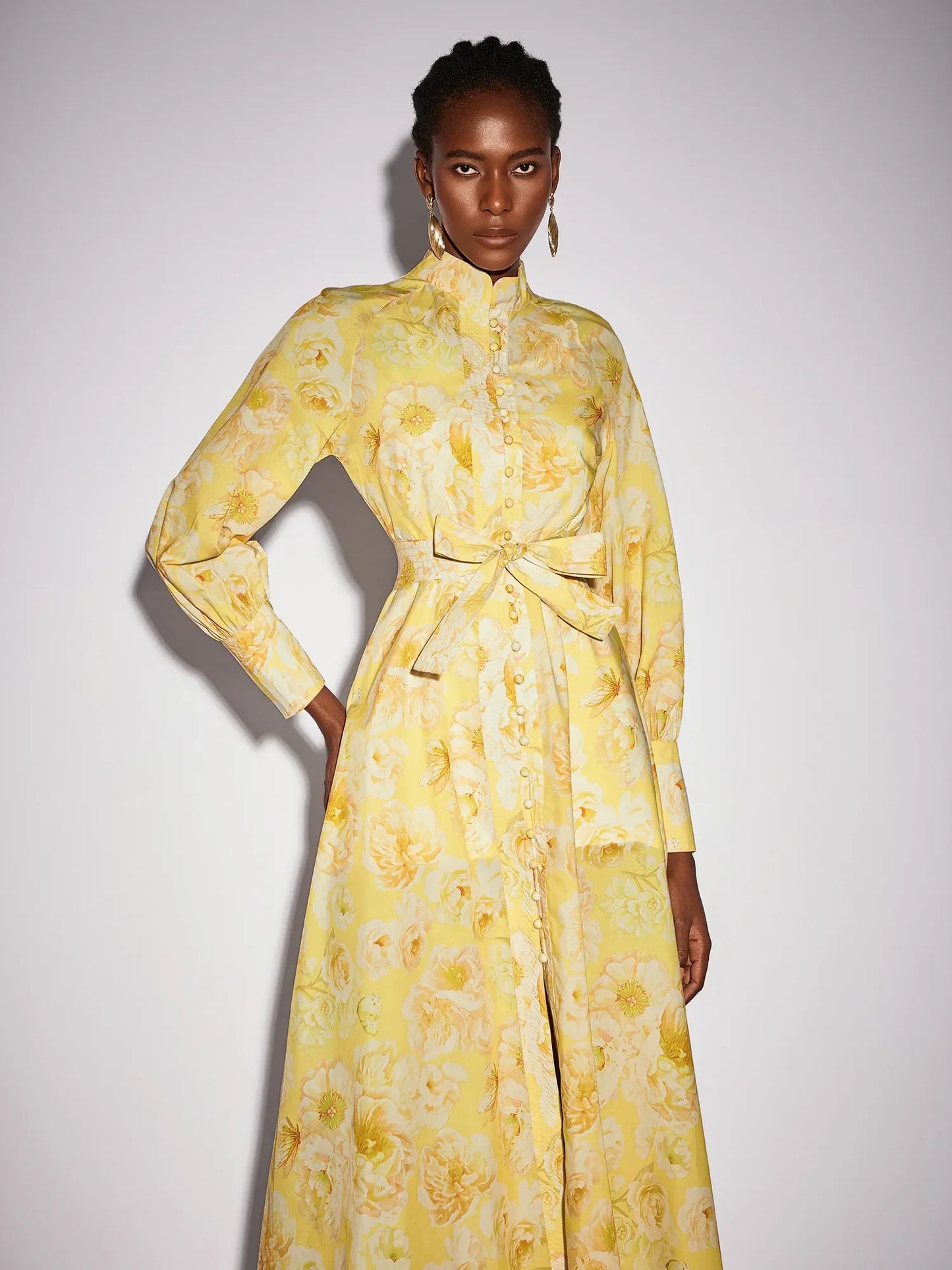 Yellow Floral Print Tie Waist Midi Dress