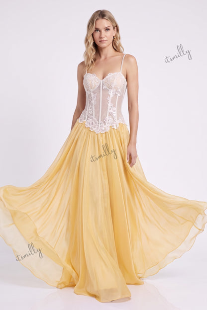 Yellow Floral Lace A-Line Chiffon Floor-Length Gown yellow chiffon gown - product view 1
