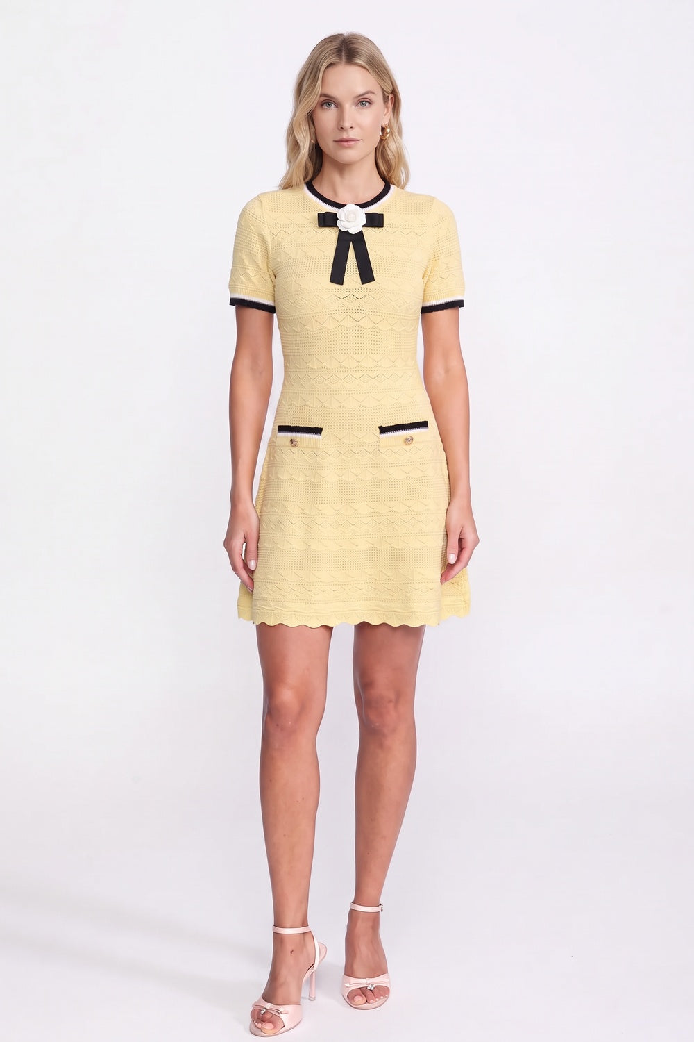 Pale Yellow Textured Pointelle Knit A-Line Dress with Contrast Trim pale yellow textured pointelle knit dress - product view 1
