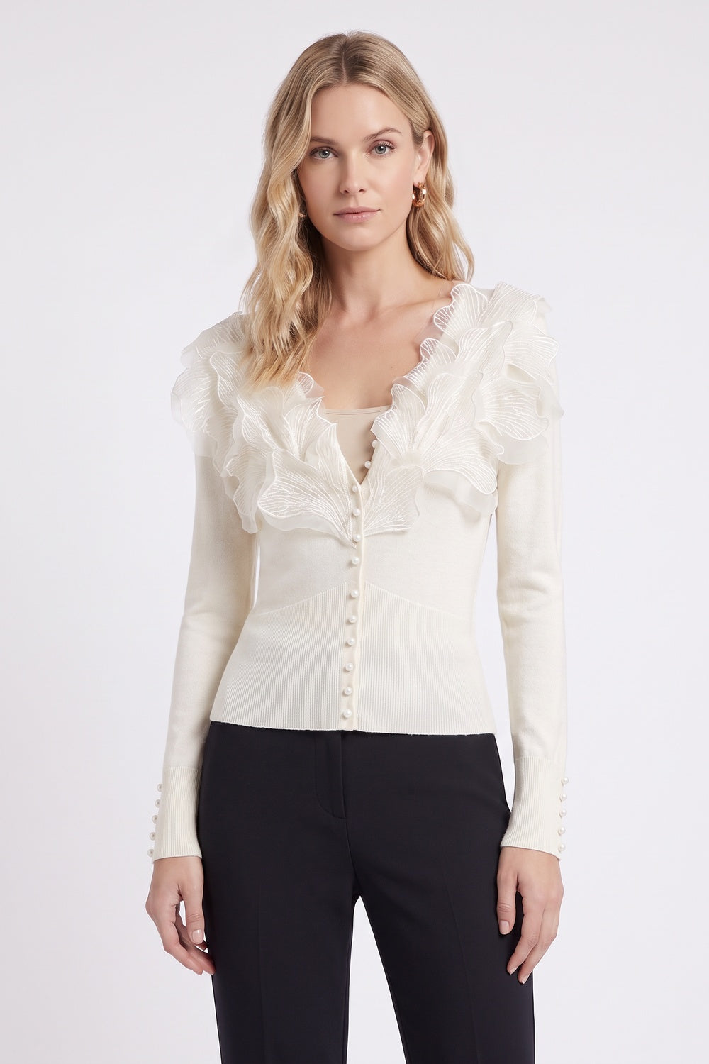 Off-White Fitted Knit Cardigan with Organza Ruffles off-white fine knit cardigan - product view 1