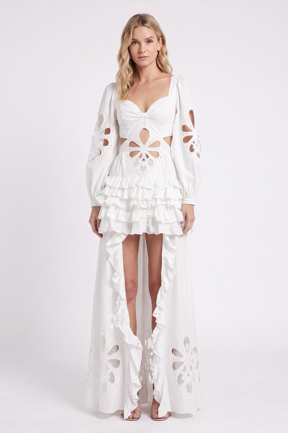 White Ruffle High-Low Cut-Out Midi Dress Premium Fabric - product view 1