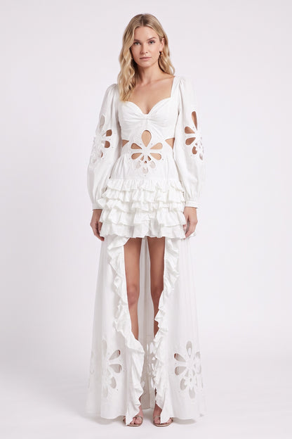 White Ruffle High-Low Cut-Out Midi Dress Premium Fabric - product view 1