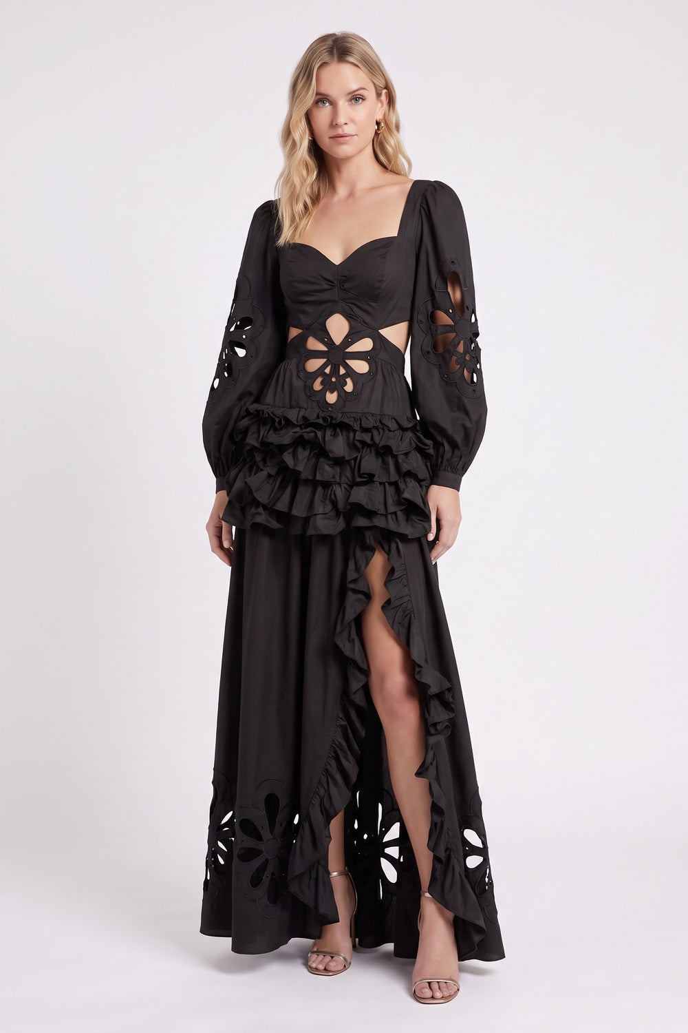 Black Floral Cut-Out Tiered Ruffle Maxi Dress Premium Fabric - product view 1