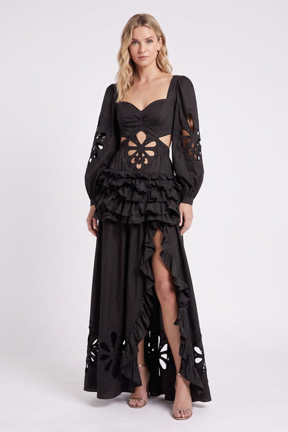 Black Floral Cut-Out Tiered Ruffle Maxi Dress Premium Fabric - product view 1