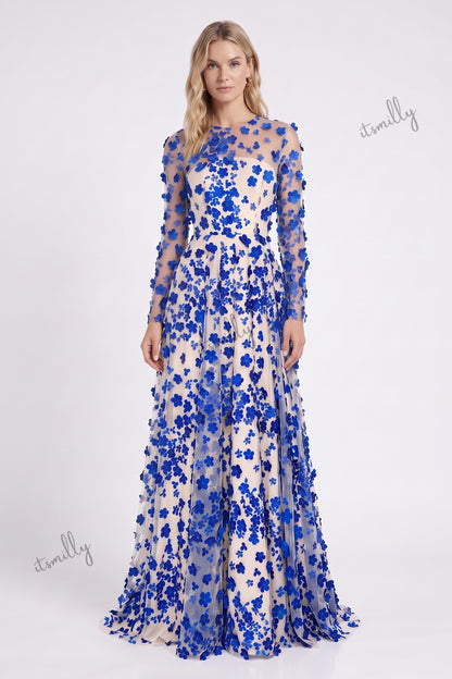 Royal Blue Sheer Tulle Mesh A-Line Gown with 3D Floral Appliques royal blue sheer tulle mesh gown - product view 1