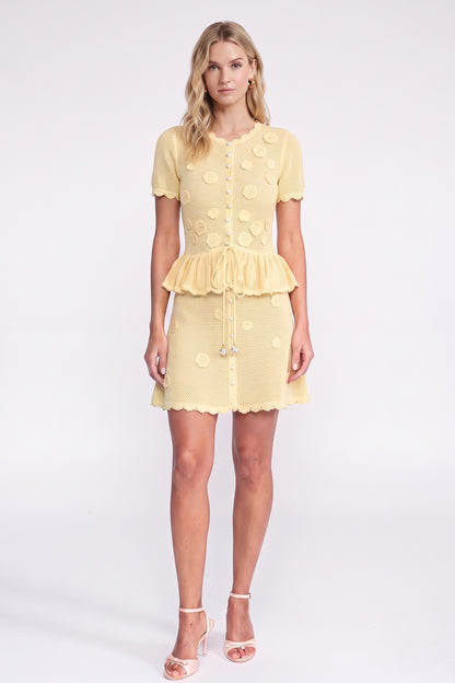 Pale Yellow Pointelle Knit Two-Piece Skirt Set with Peplum pale yellow pointelle knit two-piece skirt set - product view 1