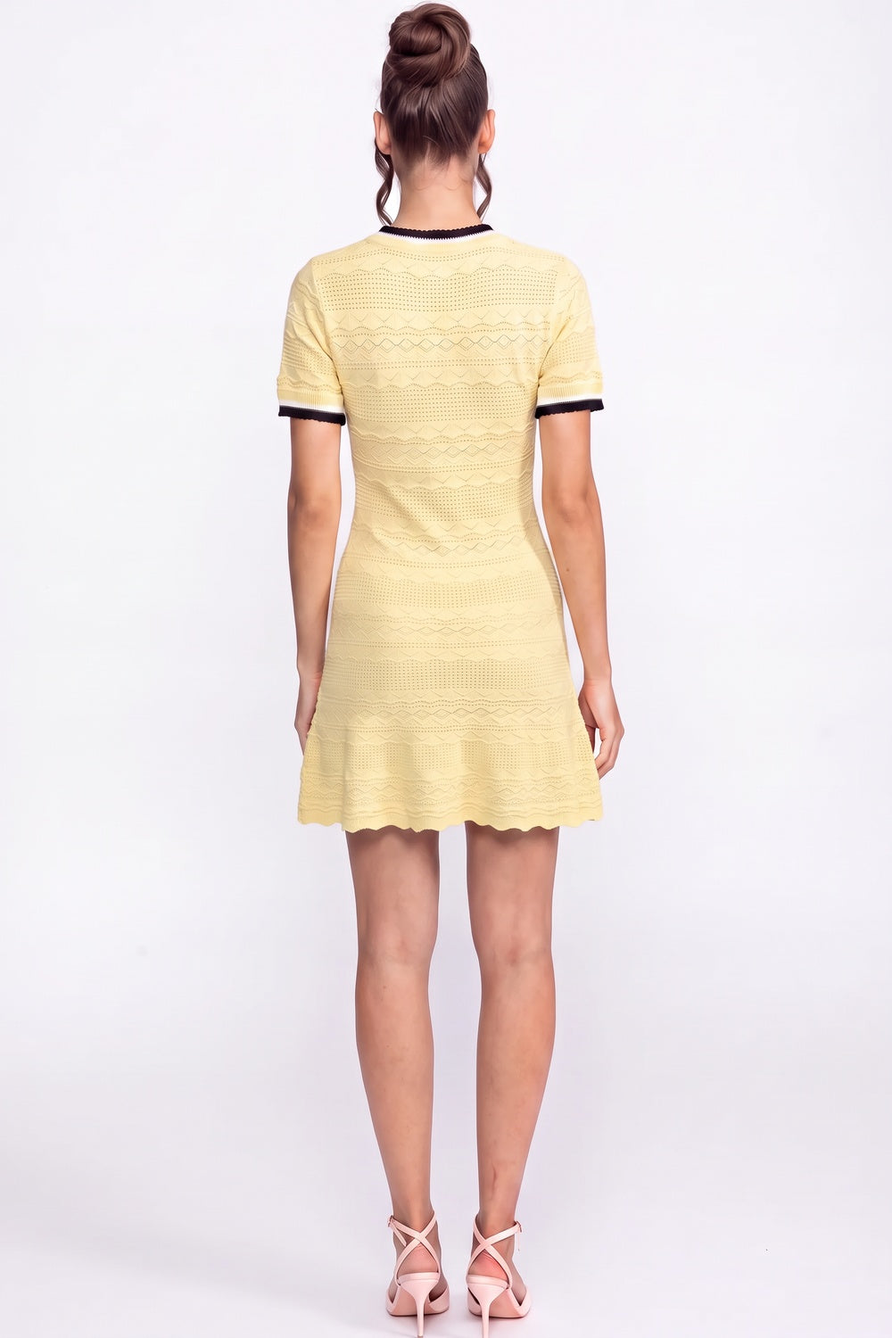 Pale Yellow Textured Pointelle Knit A-Line Dress with Contrast Trim pale yellow textured pointelle knit dress - product view 3
