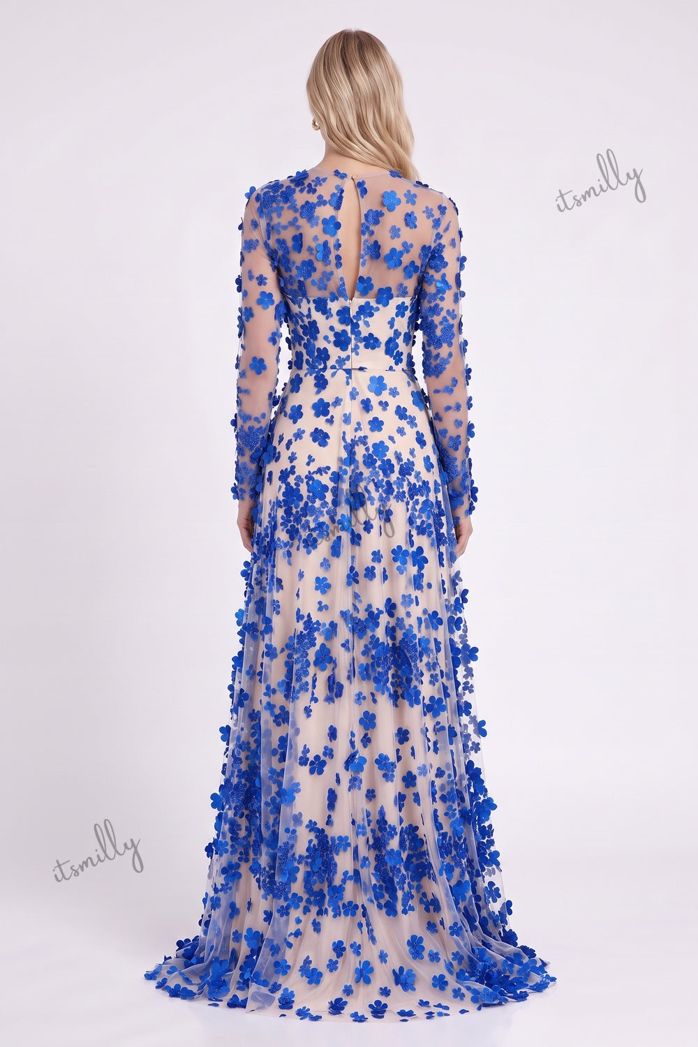 Royal Blue Sheer Tulle Mesh A-Line Gown with 3D Floral Appliques royal blue sheer tulle mesh gown - product view 3