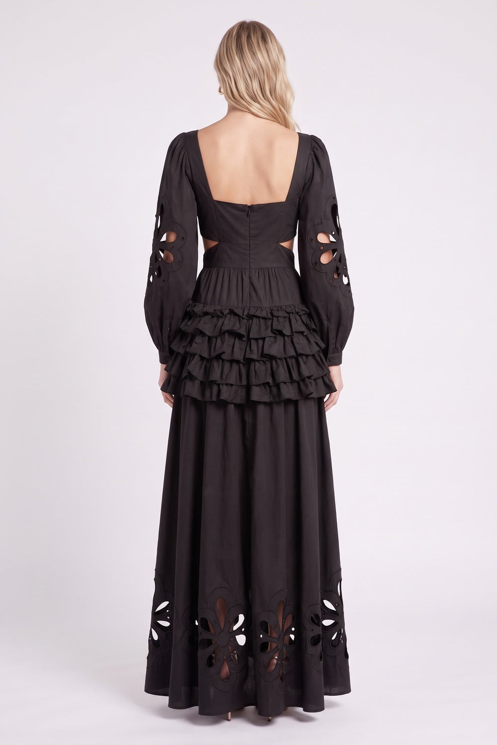 Black Floral Cut-Out Tiered Ruffle Maxi Dress Premium Fabric - product view 9